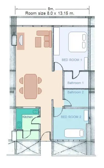 Spacious apartment floor plan with two bedrooms, two bathrooms, open living and dining area, and modern kitchen.
