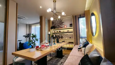 Stylish modern living room with elegant decor and exercise equipment, perfect for relaxation and fitness.