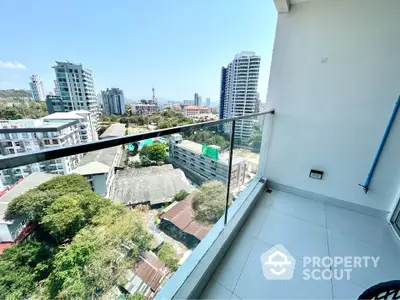 Stunning cityscape view from modern balcony in high-rise apartment