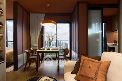 Stylish modern living room with dining area and city view, featuring warm tones and elegant decor.