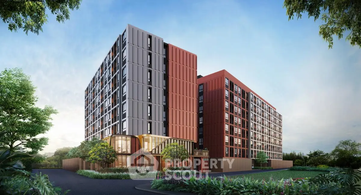 Modern apartment building with sleek design and lush landscaping, perfect for urban living.