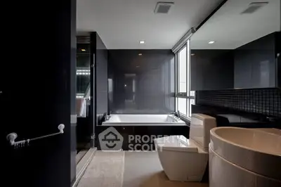 Luxurious modern bathroom with sleek design and large bathtub