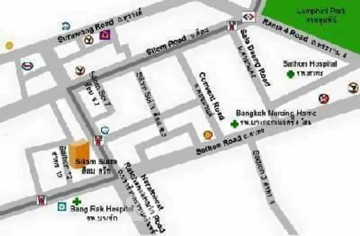 Map showing Silom Suite and nearby hospitals in Bangkok.