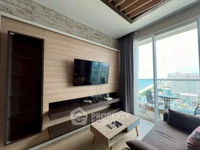 Modern living room with stunning ocean view and stylish decor