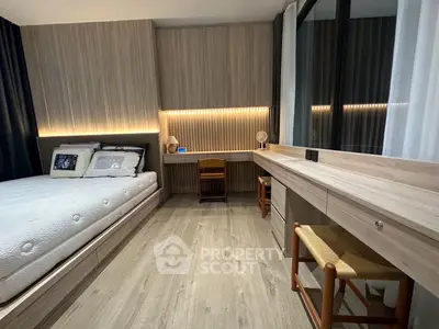 Modern bedroom with sleek wooden furnishings and ambient lighting