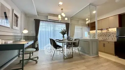 Modern dining area with stylish decor and open kitchen layout