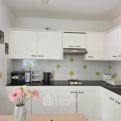 Charming kitchen with white cabinets and modern appliances, featuring a gas stove and stylish decor.
