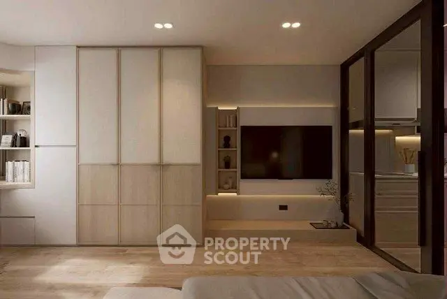 Modern living room with sleek built-in storage and ambient lighting