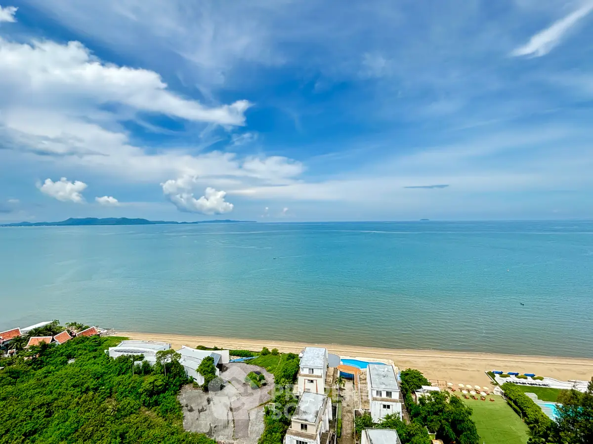Stunning beachfront view with clear skies and ocean horizon, perfect for luxury real estate.
