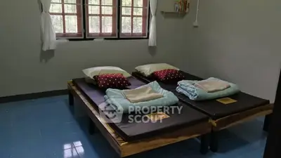 Cozy bedroom with twin beds and natural light from large windows.