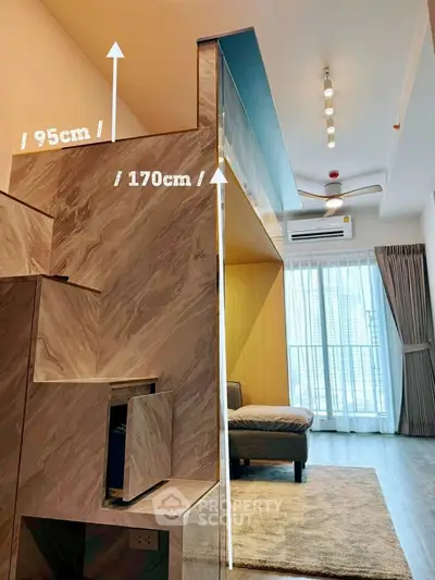 Modern loft apartment with stylish marble staircase and spacious living area