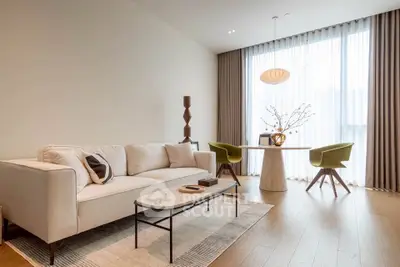 Elegant living room with modern furniture and large window, perfect for stylish urban living.