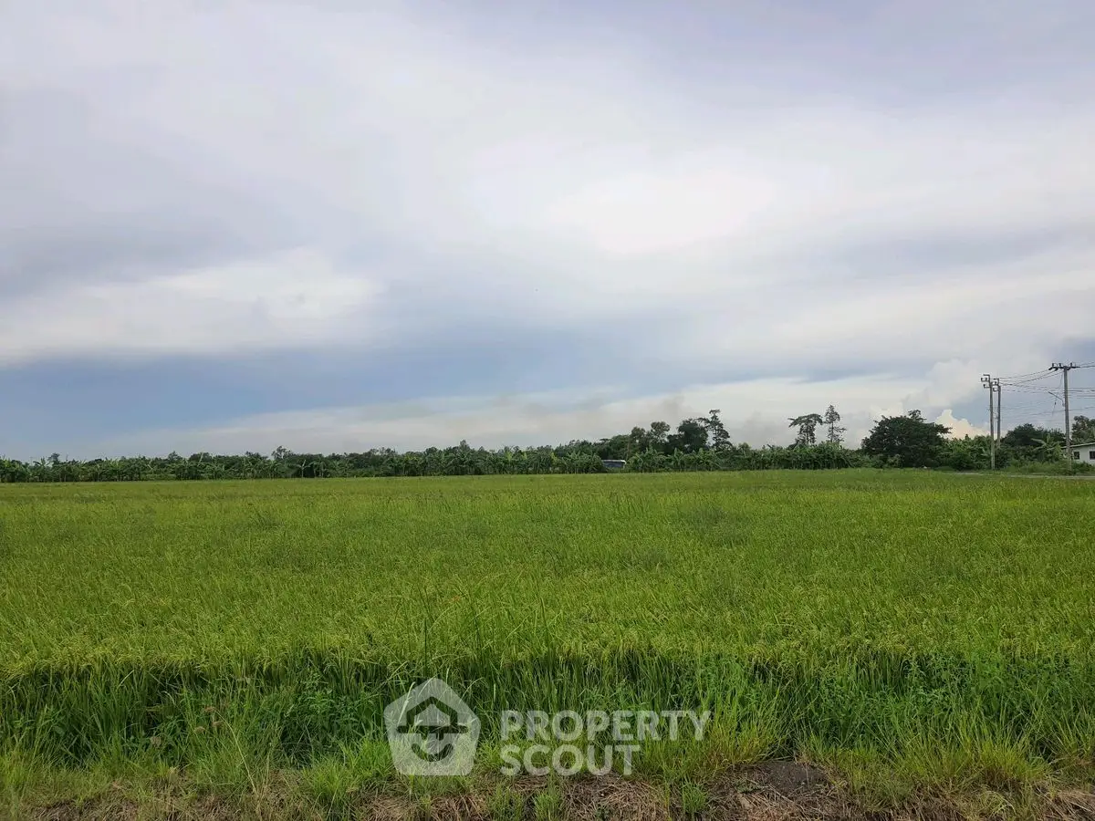 Expansive green field under a cloudy sky, perfect for development or agriculture.