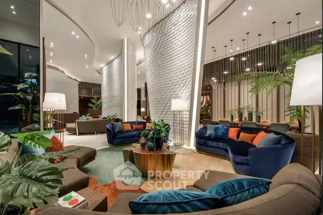Luxurious modern living room with elegant decor and plush seating in a stylish apartment complex.