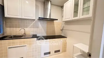 Modern kitchen with sleek cabinetry and tiled backsplash, featuring a stainless steel sink and range hood.