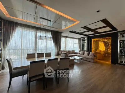 Luxurious modern living room with panoramic city views and elegant furnishings