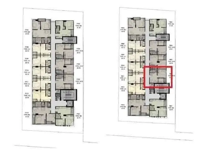 Detailed floor plan layout of modern apartment building with highlighted unit.