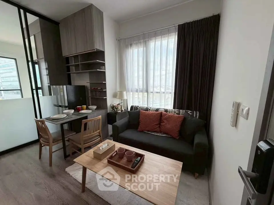 Modern living room with stylish decor and natural light in urban apartment