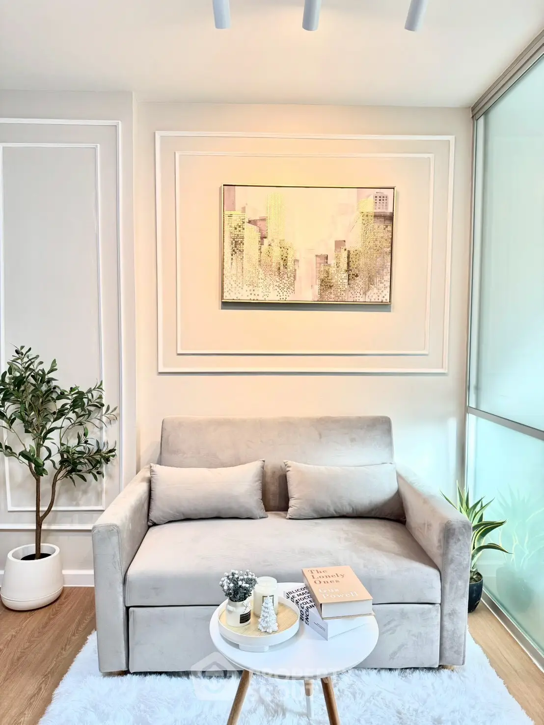 Chic modern living room with cozy sofa and stylish decor