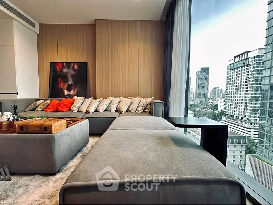 Luxurious living room with panoramic city view and modern decor