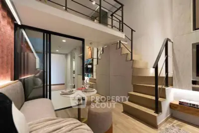 Modern duplex apartment with stylish staircase and cozy dining area