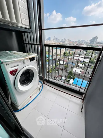 High-rise balcony with washing machine and stunning city view