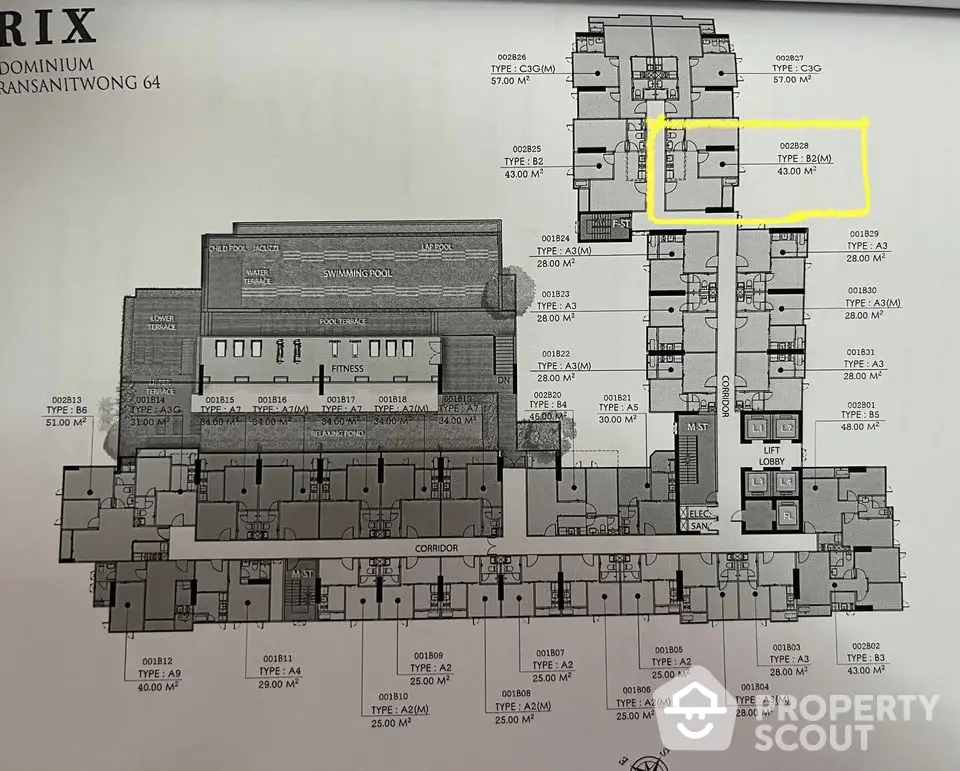 Condominium floor plan with highlighted unit near swimming pool and corridor