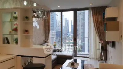 Modern living room with city view and elegant decor in high-rise apartment