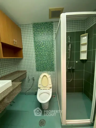 Modern bathroom with shower and toilet in stylish tiled design