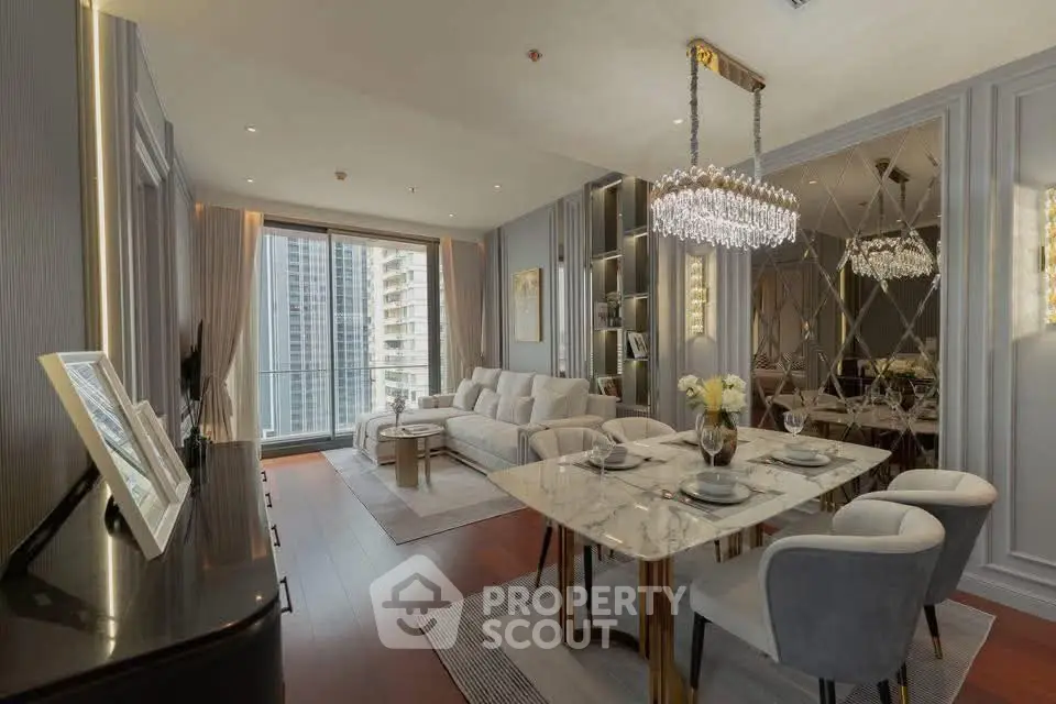 Luxurious living room with elegant dining area and stunning city view