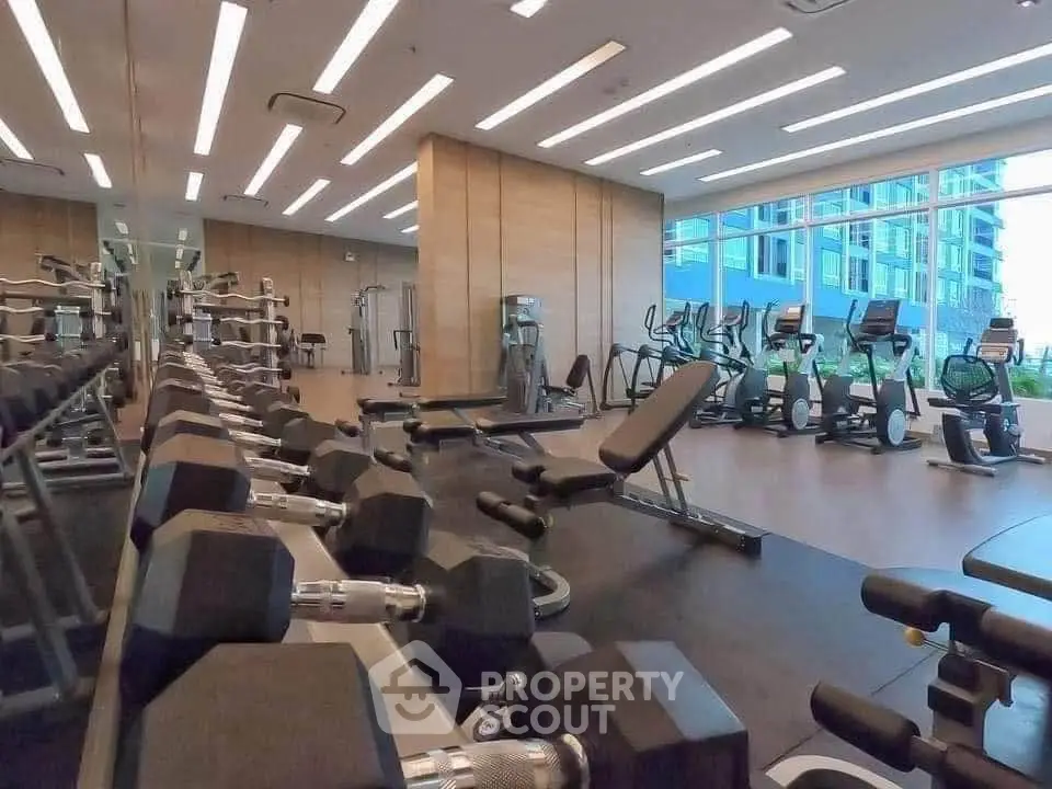 Modern gym with state-of-the-art equipment and large windows offering natural light.