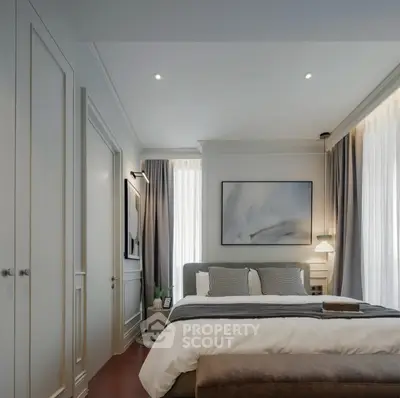 Elegant bedroom with modern decor and cozy ambiance, featuring stylish lighting and large windows.