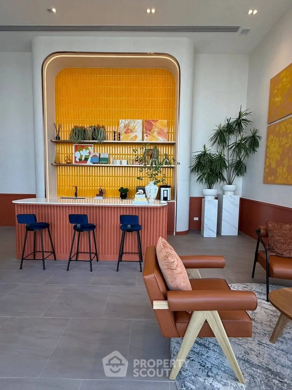 Stylish modern living room with vibrant yellow accent wall and sleek furniture