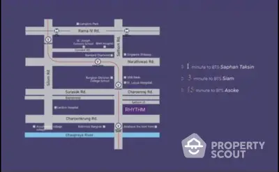 Map showing proximity to BTS stations and local landmarks for Rhythm condo.