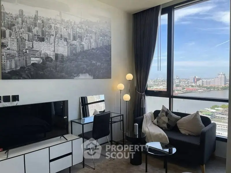 Modern living room with stunning city view and chic decor