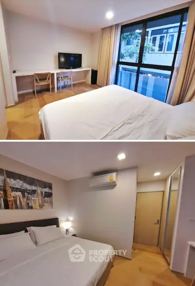 Spacious bedroom with modern decor and large windows for natural light