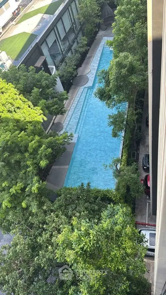 Stunning aerial view of a luxurious outdoor pool surrounded by lush greenery in a modern residential complex.