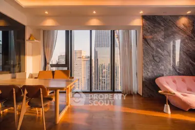 Luxurious modern living room with stunning city view and elegant furnishings