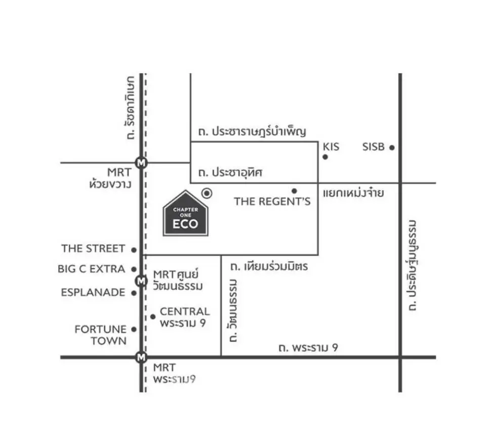 Map showing location of Chapter Eco near MRT stations and landmarks in Bangkok.