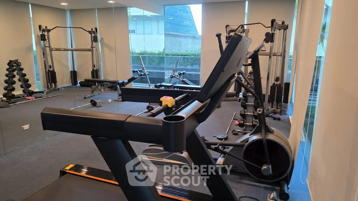 Modern gym with state-of-the-art equipment and large windows for natural light.