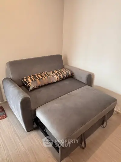 Cozy living room with a stylish gray sofa bed and decorative pillow, perfect for modern interiors.