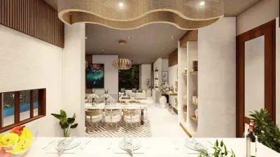 Luxurious open-plan living and dining area with modern decor and pool view, perfect for entertaining.