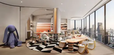 Luxurious modern living room with panoramic city view and unique decor