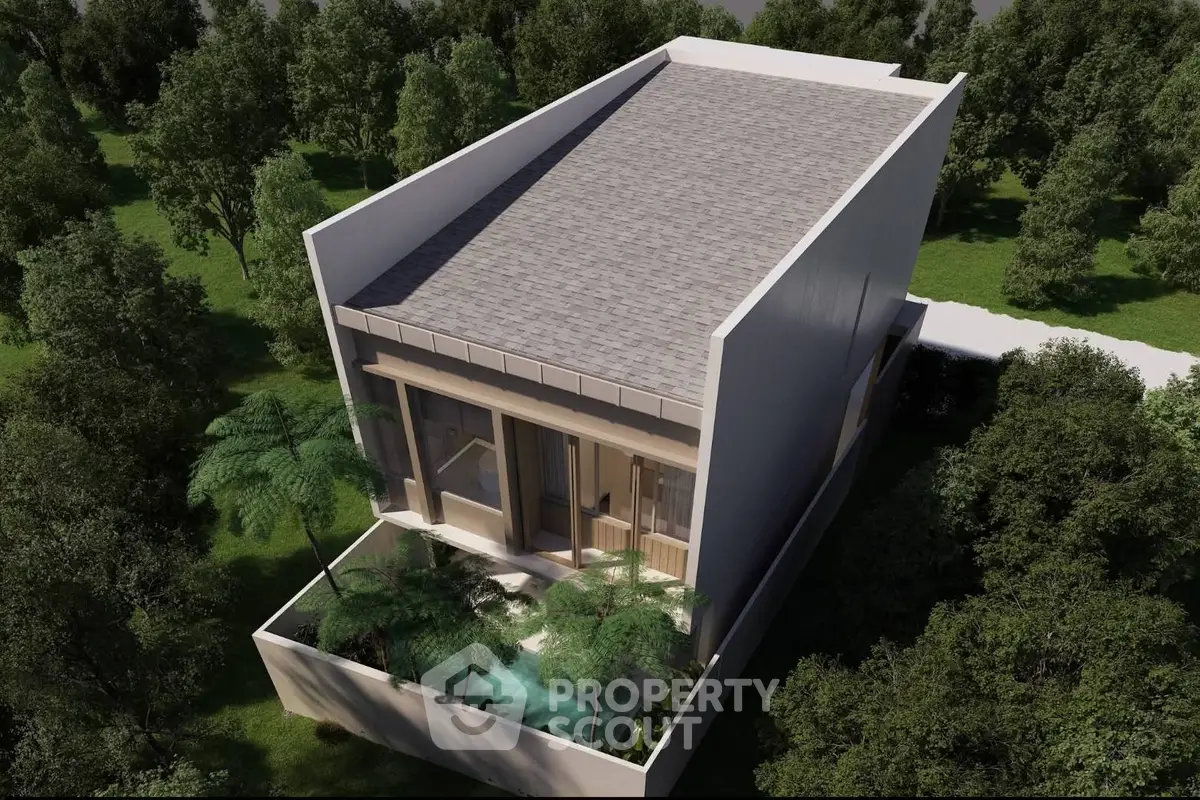Modern architectural design of a luxury home with lush greenery and private pool, offering serene living environment.