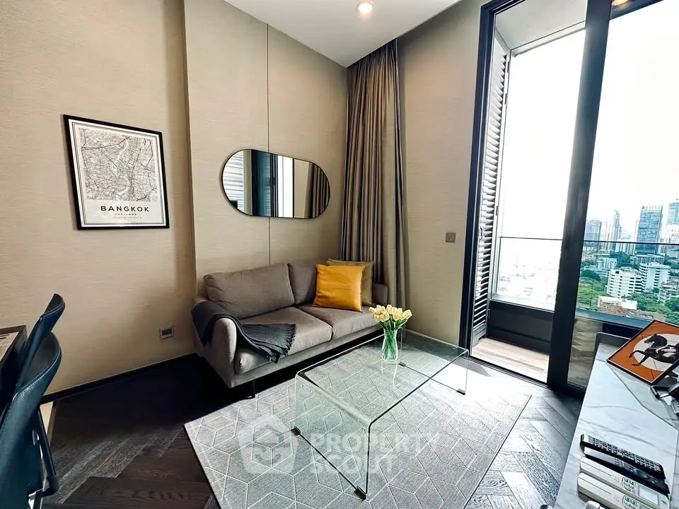 Modern living room with city view, stylish decor, and glass coffee table in Bangkok apartment.