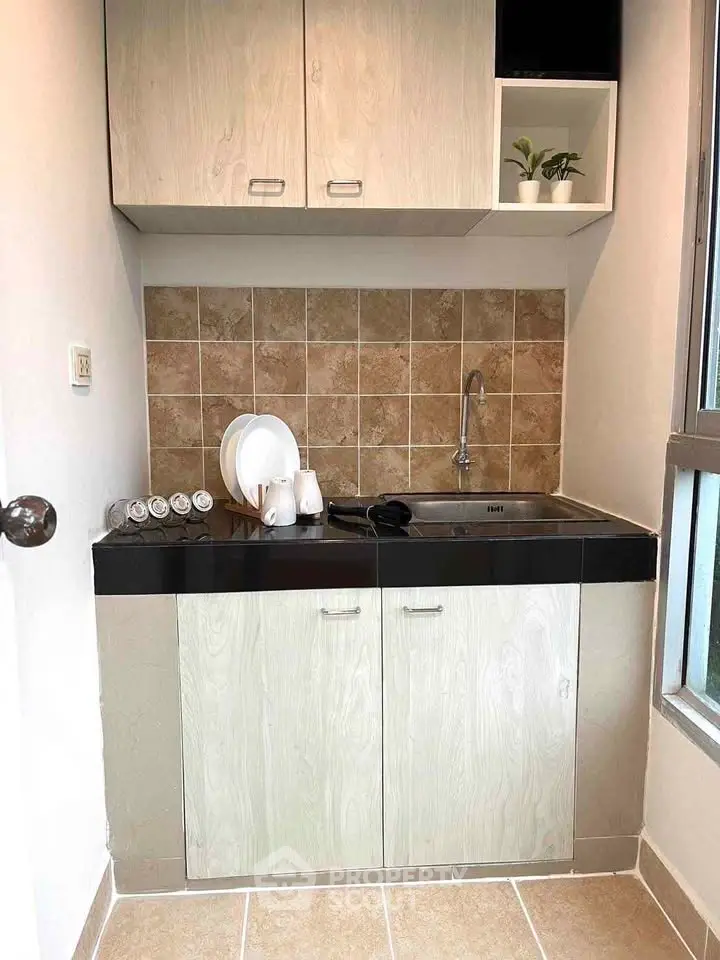 Compact kitchen with modern cabinets and tiled backsplash