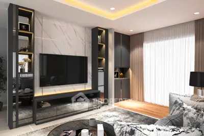 Luxurious modern living room with elegant decor and large TV setup