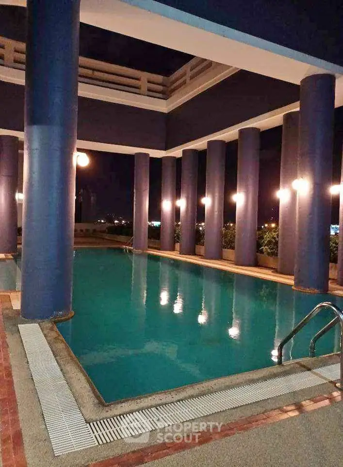 Luxurious rooftop pool with ambient lighting and city views