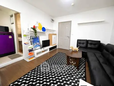 Modern living room with black leather sofa and geometric rug