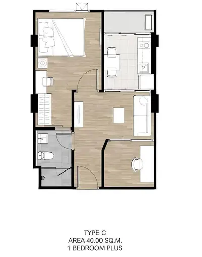 Modern 1-bedroom apartment floor plan with open layout and stylish design.